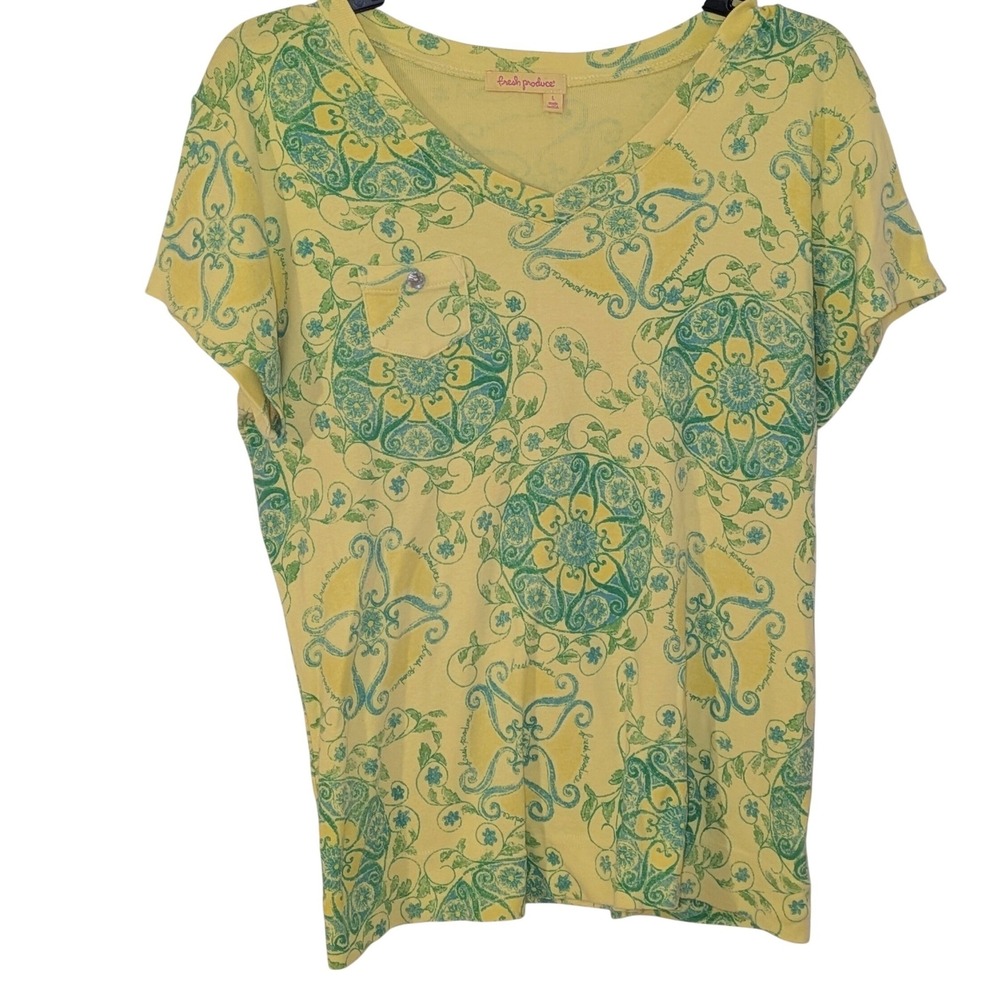 Fresh Produce Womens Yellow Teal Medallion V-Neck Pocket T-Shirt USA Made‎ Large